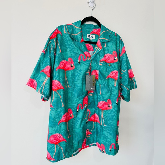Vibrant Pink Flamingo Wooden Button Down Shirt By Uzzi Size XL - Picture 5 of 6